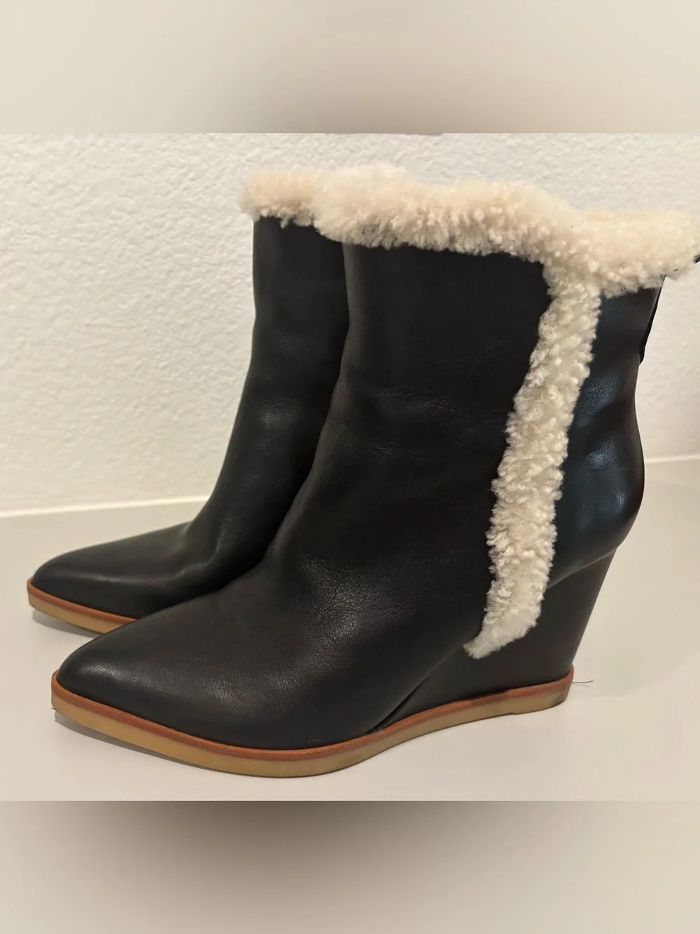 Marc Fisher Black Leather Wedge Boot with Cream Shearling Trim